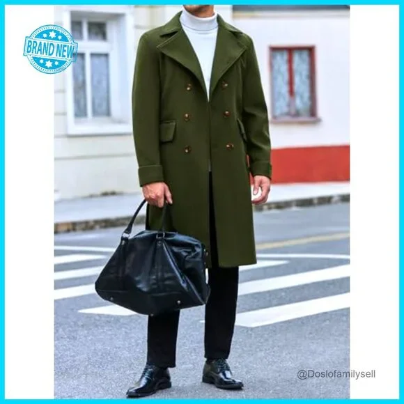 Men's Slim Fit Trench Coat Double Breasted Wool Blend Overcoat Classic Elegant